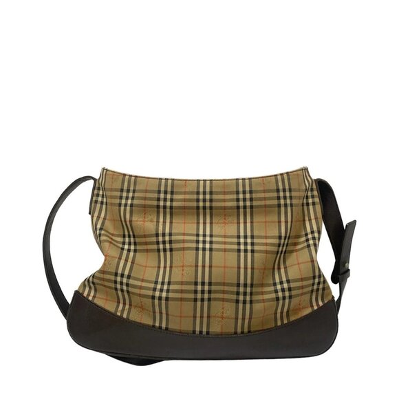 Auth Burberry's - Beige Dark Brown Multi Nylon Leather Shoulder Bag - Picture 2 of 7